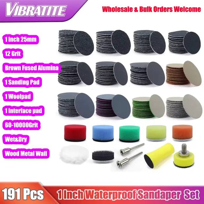 191 PCS 1 «, 25mm Hook & Loop Wet & Dry Sandpaper with 3mm Shank Pad Polishing Pad and Interface Pad (Papier de verre h