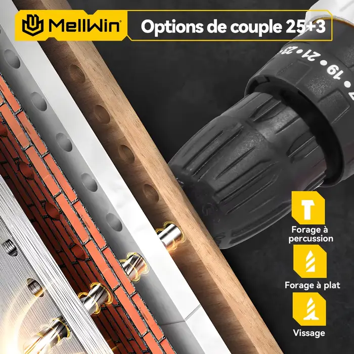 MELLWIN – perceuse à percussion électrique à couple 25 + 3