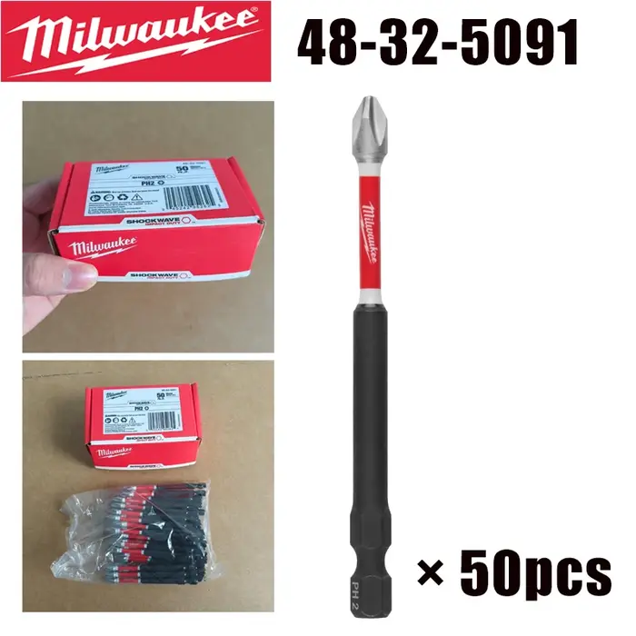 Milwaukee 48-32-5091 50 embouts de tournevis à chocs SHOCKWAVE PH2 90 mm magnétiques à couple élevé pour outils électriques