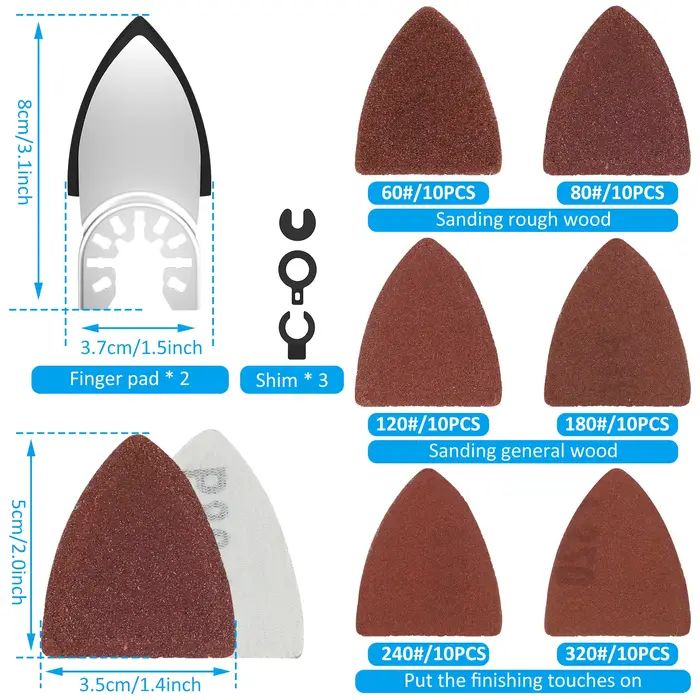 Papier abrasif triangulaire, tampon abrasif 60/80/120/180/240 grains, papier abrasif multi-outils po