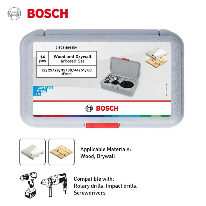Ensemble de scies cloches Bosch 14 pièces 22/25/29/35/38/44/51/68 mm pour le bois et le cloison sèche