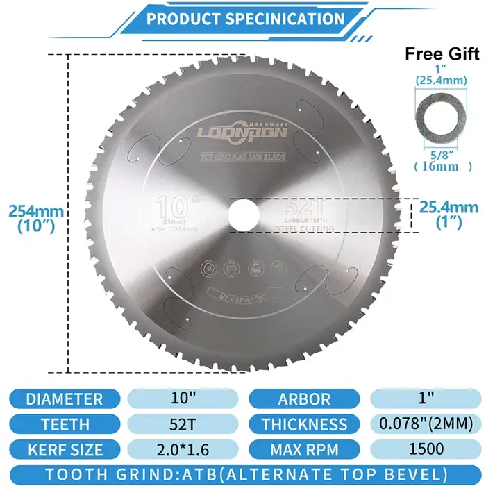 Lame de scie circulaire de coupe à froid en métal 254mm/10 pouces 52T pour aluminium fer acier disque