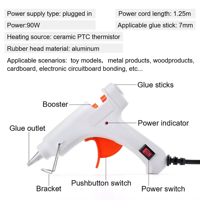 Pistolet à colle thermofusible 90W avec interrupteur pour bâton de colle de 7mm, Mini pistolet à cha