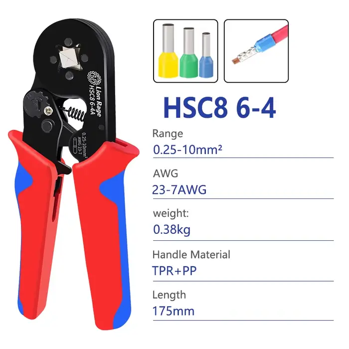 Outil de sertissage HSC8 6-4 0.25-10mm pour bornes tubulaires de virole 2 23-7AWG jeu de pinces à se