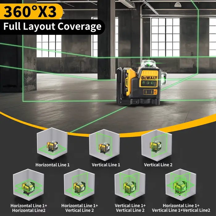 Niveau laser DEWALT DW089 12V Li-Ion 12 lignes 3×360 ° Faisceau vert autonivelant vertical et horizo