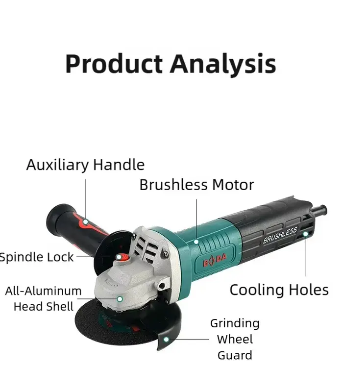  Moteur de meuleuse d'angle sans balais BODA 1700W avec système de refroidissement, coupe à 6 vitesses, meulage, ponçage, polissage pour métal, bois, mur 
