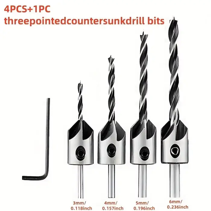 Jeu de 4 forets à chanfreiner à trois pointes de 3-6 mm pour le travail du bois