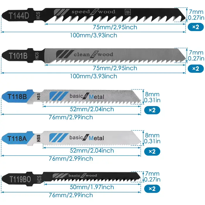 Ensemble de lames de scie sauteuse assorties en acier au carbone avec tige en T