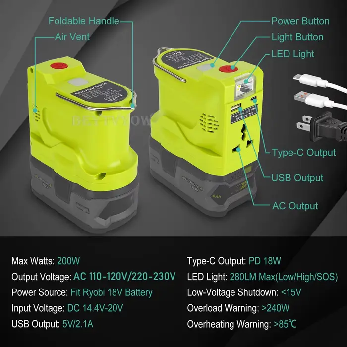 Onduleur d'alimentation pour Ryobi One 18V Batterie 200W DC 18V à AC 110V / 230V Convertisseur d'onde