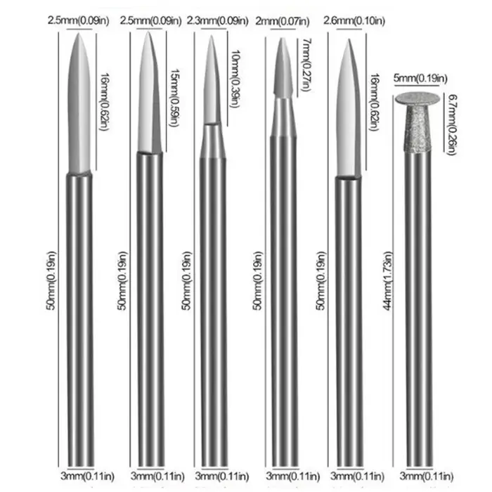 Paquet de 6 forets de sculpture sur bois d'outil de meulage avec tige de 3/2.35mm adaptés aux outils rotatifs