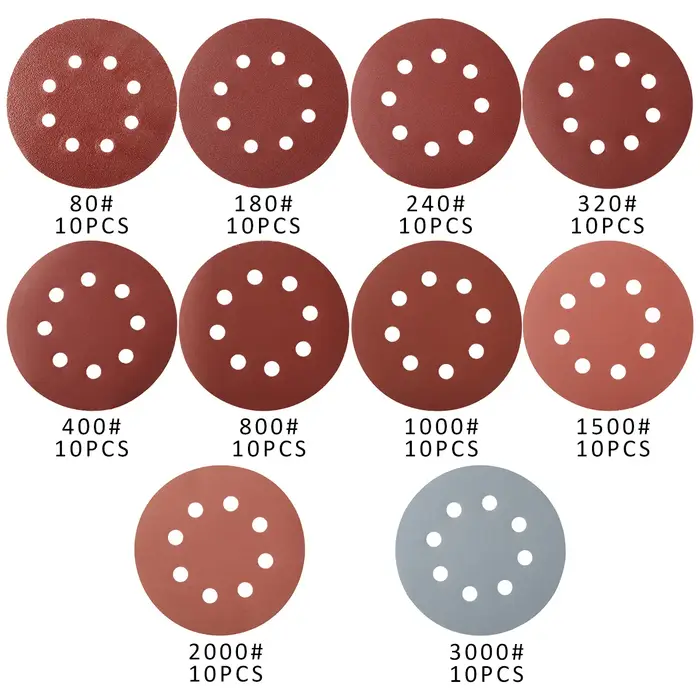 100 pièces 125mm disques abrasifs 8 trous crochet boucle papier de verre 80 grain-3000 grain