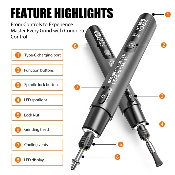 Mini perceuse électrique numérique 16000 tr/min, outil rotatif sans fil avec lumière LED, stylo de g