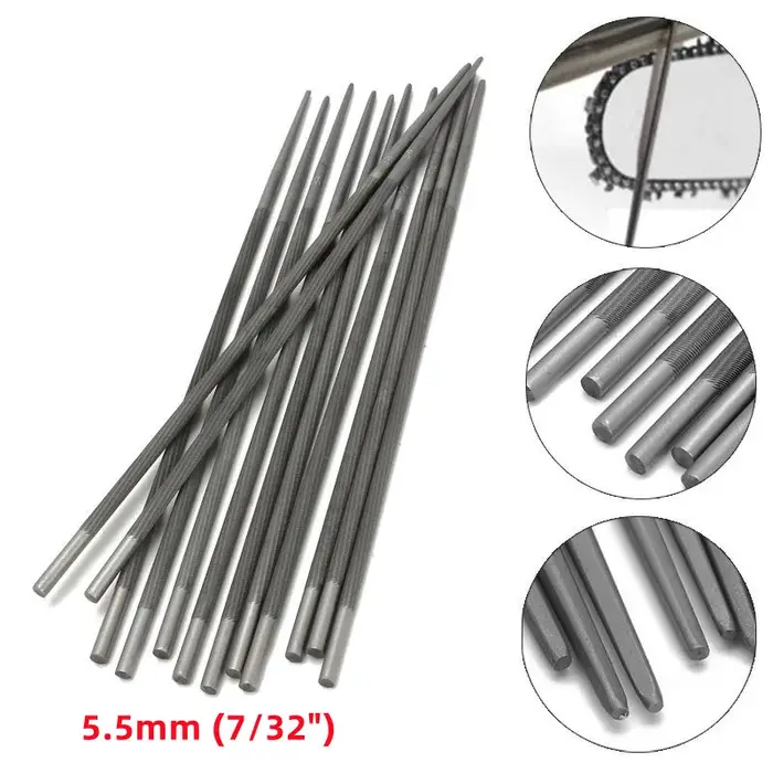 12 pièces limes rondes de tronçonneuse 4.0mm/4.8mm/5.2mm/5.5mm 5/32 "3/16" 13/64 "7/32" pour affûter l'affûteur de scie à chaîne généralement 25cm Len