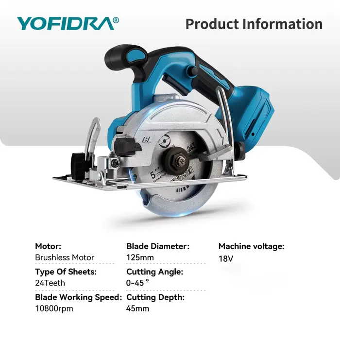 YOFIDRA 5 pouces 10800 tr/min scie circulaire électrique sans brosse sans fil 45 ° Outil