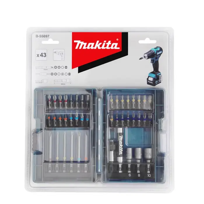 Makita B-55697 Jeu d'embouts de tournevis électriques 43 pièces, Type de fleur croisée à code couleu