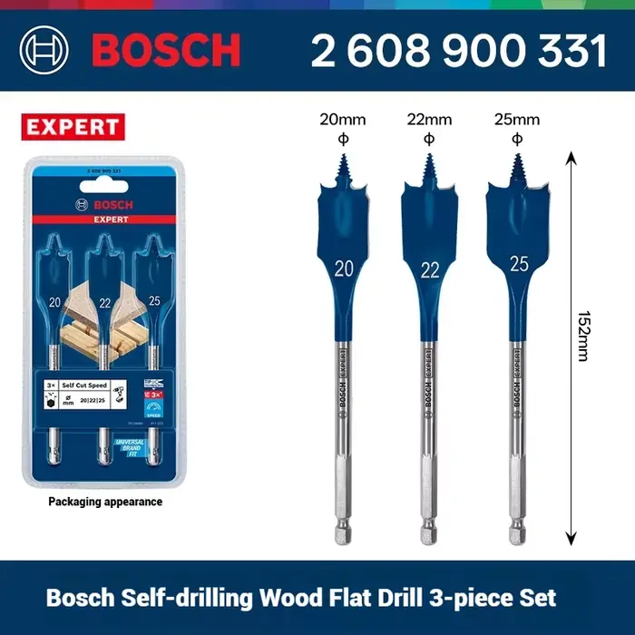 Jeu de forets Bosch EXPERT Self Cut Speed Spade à tige longue pour le travail du bois, forets pour l