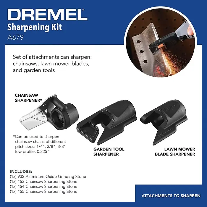 Dremel A679-02 Kit d'affûtage d'outils de jardin comprend 3 accessoires Affûteur de tondeuse à gazon de scie à chaîne