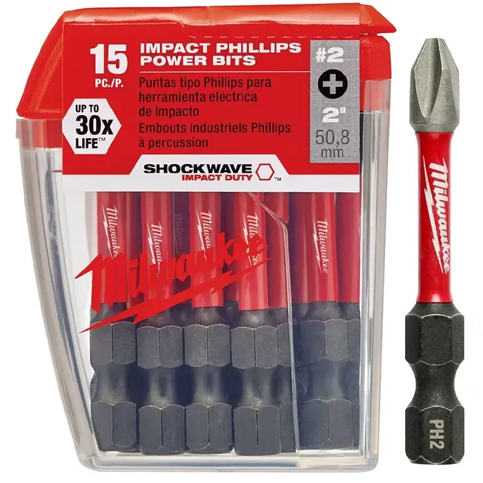 Embouts d'impact Milwaukee PH2 2" (50 mm) – Lot de 15 – Shock Wave 50X LIFE avec boîte en plastique transparente – 48-32-5004