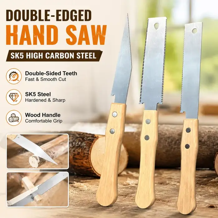 Scie à main à double tranchant en acier SK5, scie à bois ergonomique avec manche en bois, coupes rap