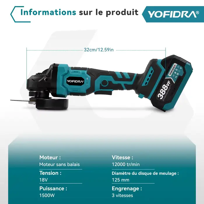 YOFIDRA 125mm meuleuse d'angle sans brosse 3 vitesses coupe efficace polissage outil de travail du bois pour Makita 18-21V batterie broche