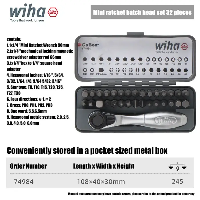 Wiha 32 pièces GoBox, jeu de clés à cliquet multifonctionnelles miniatures