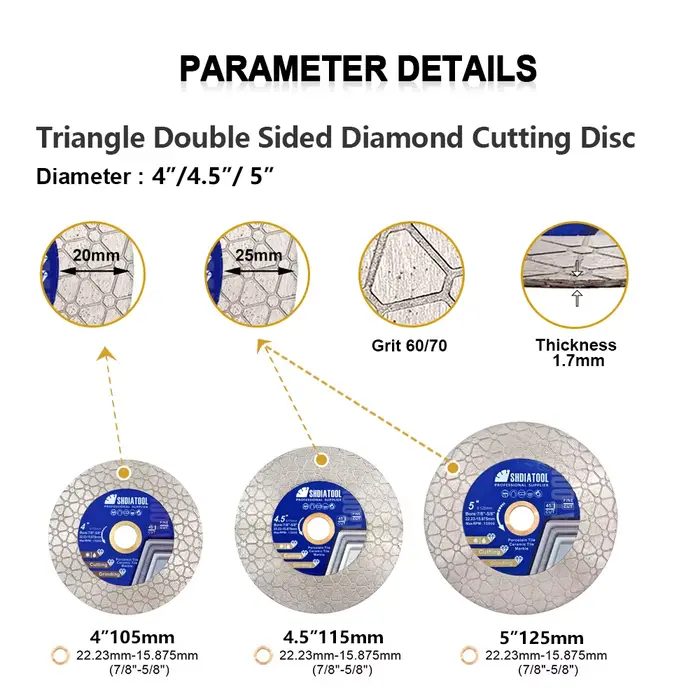 SHDIATOOL diamant disque de coupe 105/115/125mm Triangle Double face meule lame de scie carreaux de 