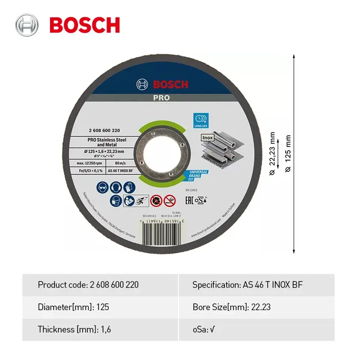 Disque de coupe en acier inoxydable ultra-fin Bosch Pro 105/125 mm pour meuleuse d'angle