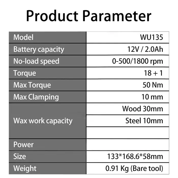 WORX WU135 perceuse électrique sans fil 12V 50Nm 1800 tr/min moteur sans brosse tournevis