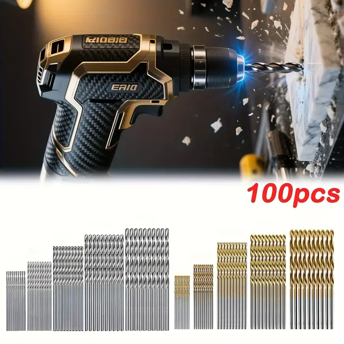 Ensemble de 100 forets HSS revêtus de titane | Tige droite | Pour le bricolage/le travail du bois/le plastique/le métal