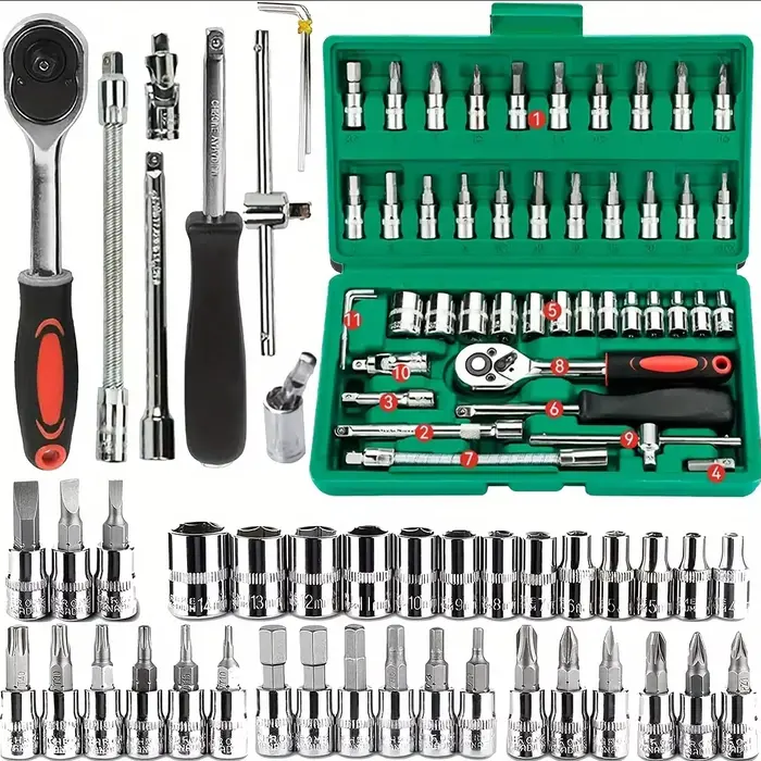 Kit d'outils mécaniques Family Tools 46 pièces 1/4 pour réparation automobile, avec douilles, embout
