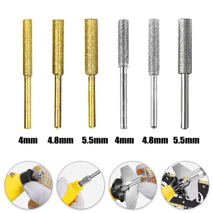 6 pièces fraises cylindriques revêtues 4/4.8/5.5mm affûteuse de tronçonneuse lime en pierre scie à chaîne affûtage tête de meulage