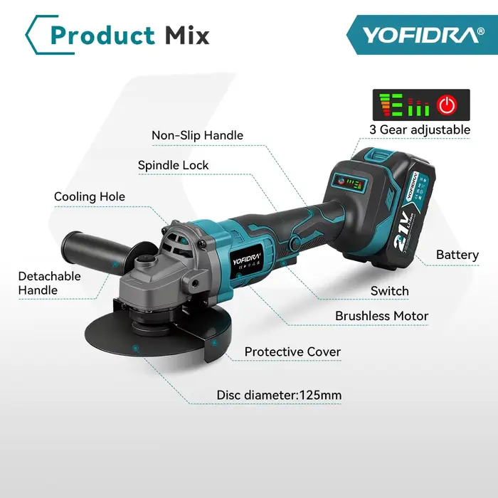YOFIDRA 125mm meuleuse d'angle électrique sans brosse 3 vitesses M14 meulage du bois polissage outil