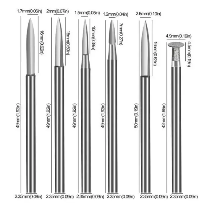 Paquet de 6 forets de sculpture sur bois d'outil de meulage avec tige de 3/2.35mm adaptés aux outils