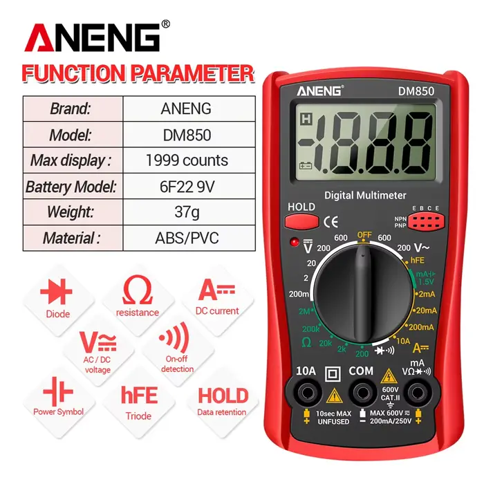 ANENG DM850-Multimètre numérique automatique professionnel, testeur de tension AC/DC automatique, outil de détection d'ampèremètre de courant Ohm, 1999 points