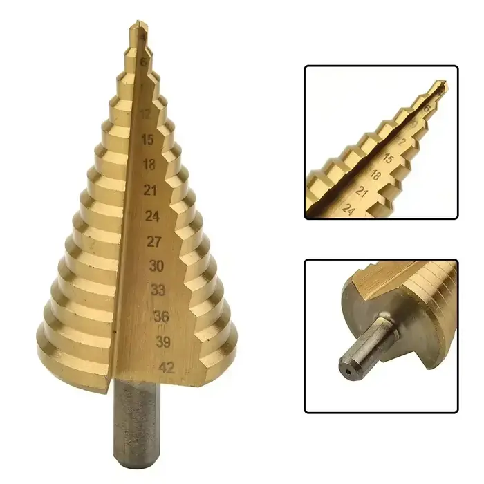 Foret à cône étagé HSS, coupe-trou plaqué titane, manche rond, cannelé en spirale, coupe-trou pour bois et métal, 4-42mm