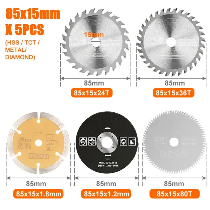 XCAN 5 pièces Mini jeu de lames de scie circulaire 85x1 0/15mm HSS/TCT/disque de coupe diamant lame