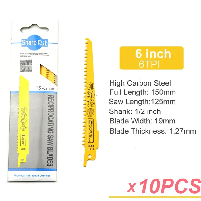 10 pièces 6 "pouces 6TPI lames de scie sabre pour couper le bois et le plastique acier à haute teneur en carbone lame