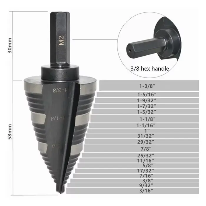 Foret conique 652F, tige hexagonale 3/8 pouces