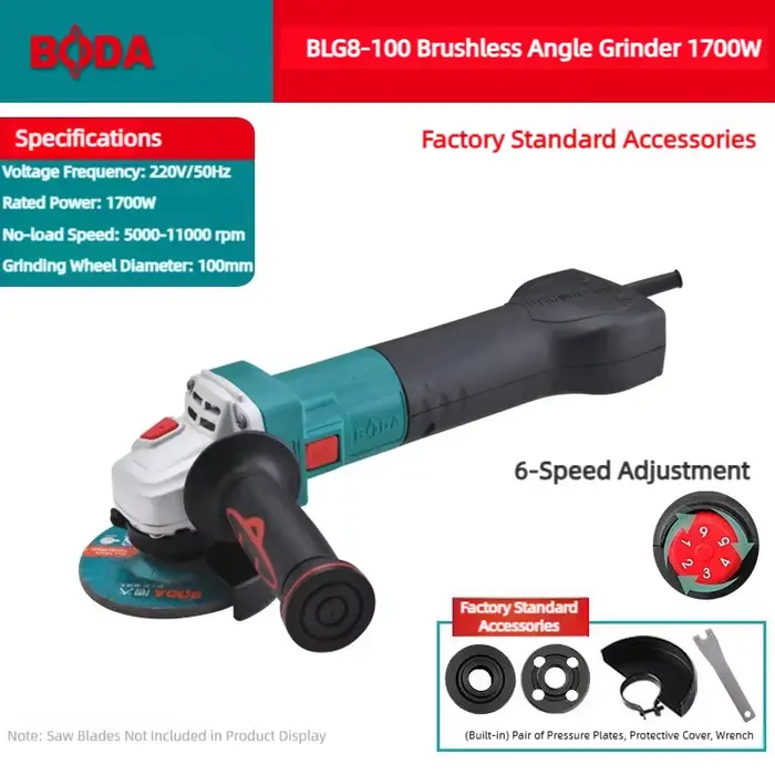  Moteur de meuleuse d'angle sans balais BODA 1700W avec système de refroidissement, coupe à 6 vites