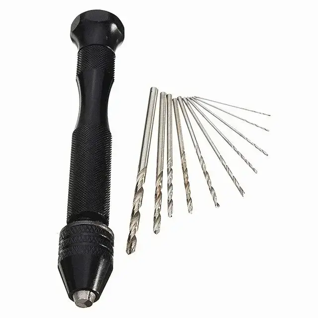 Mini kit d'outils avec perceuse manuelle noire 10 pièces pour le travail du bois