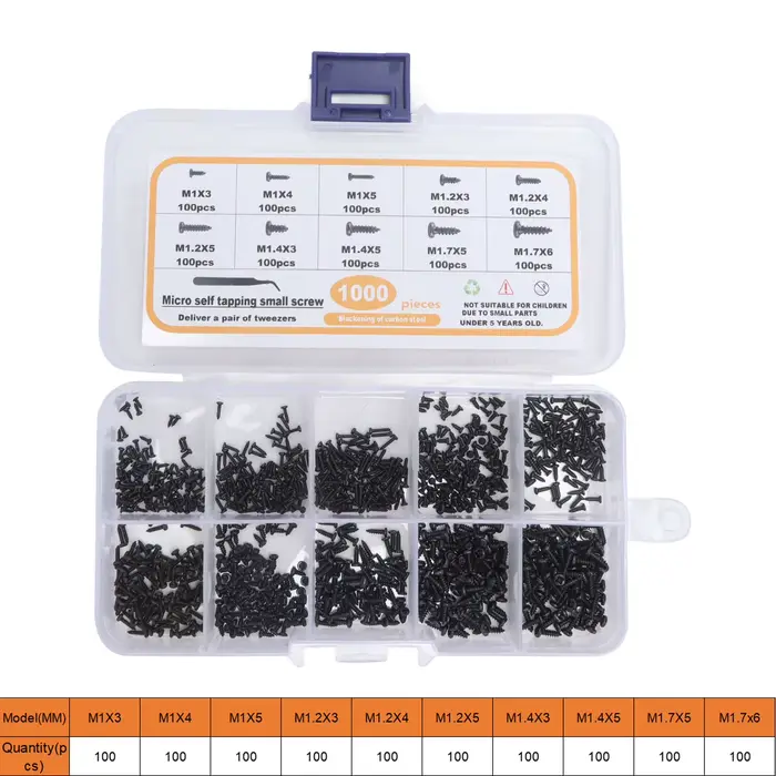 Assortiment de petites vis autotaraudeuses M1 M1.2 M1.4 M1.7 noires à tête cylindrique avec pincettes
