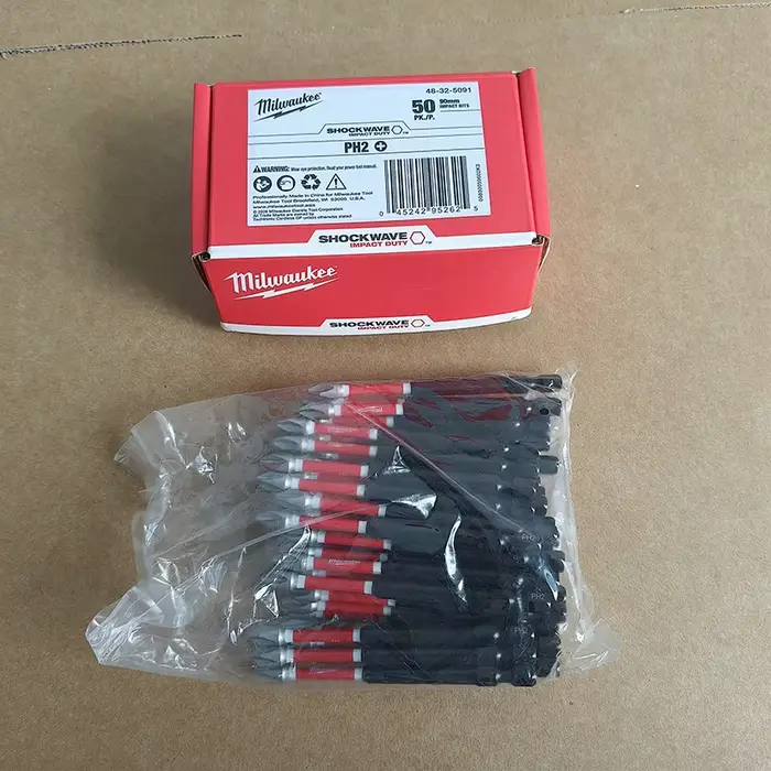 Milwaukee 48-32-5091 50 embouts de tournevis à chocs SHOCKWAVE PH2 90 mm magnétiques à couple élevé pour outils électriques