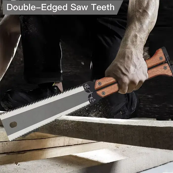 Scie à main pliable à double tranchant avec manche en bois pour le travail