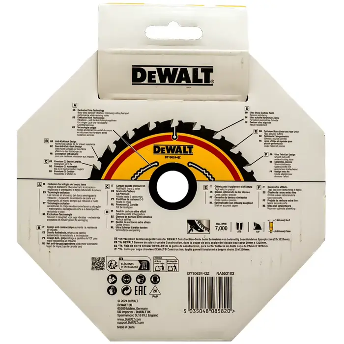 DEWALT DT10624 Lame de scie pour le travail du bois 165 mm x 20 mm 24T