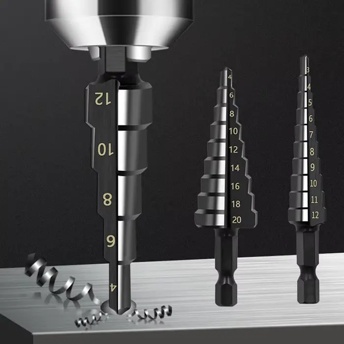 3Pcs HSS Droite Groove Étape Foret 3-12mm 4-12mm 4-20mm Nitrure Noir Hex Bois Métal Trou Cutter Core Outils De Forage Ensemble