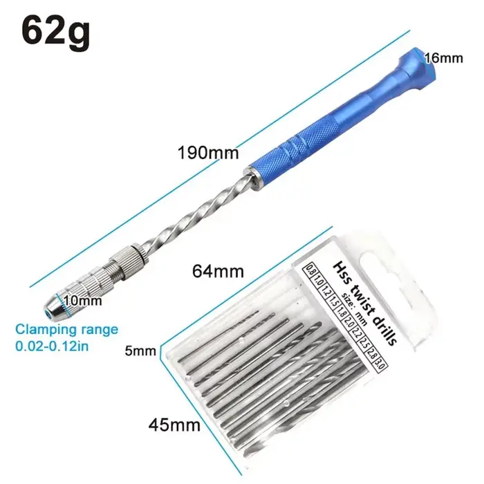 Perceuse à main semi-automatique étendue bleue de 0.5 à 3mm avec petite foret hélicoïdal, trou de pe