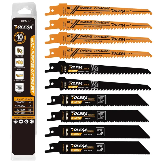 TOLESA 10 pièces lames de scie alternative pour l'élagage du bois découpe PVC pour la coupe du métal