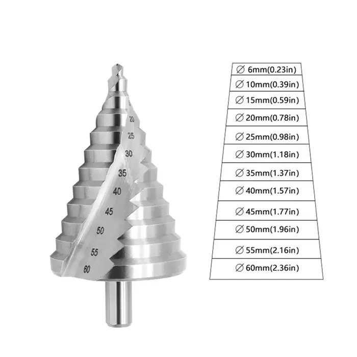 Foret étagé 6-60mm, rainure en spirale, coupe-trou de pagode, feuille de métal, foret conique, tige triangulaire, ouvre-trou étagé