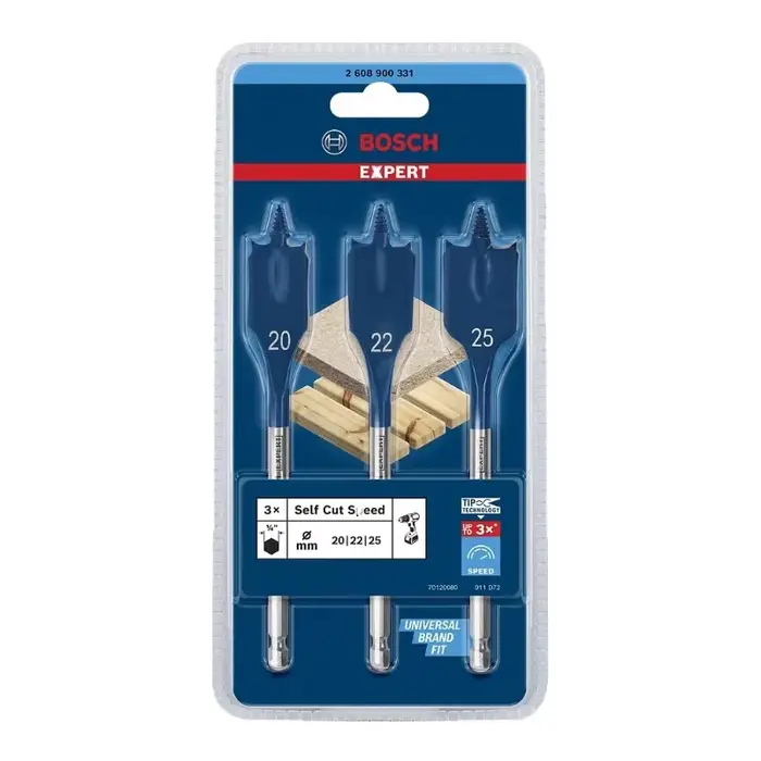 BOSCH EXPERT 2608900331 Jeu de 3 forets auto-évasés Speed Spade pour perçage rapide et brut du bois tendre