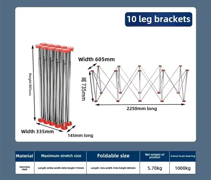 Établi pliable avec pieds araignée et menuiserie en acier inoxydable pour les opérations multifonctions